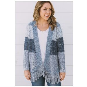LUCKY BRAND Blue White Color Block Fringe Open Cardigan, Size XS